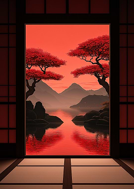 Red Japanese Landscape Through Shoji Screen
