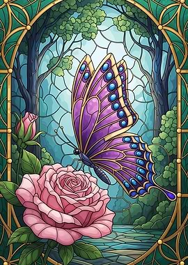 Butterfly and Rose Stained Glass Art