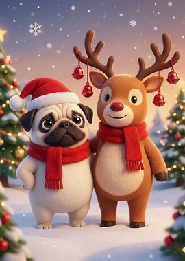 Christmas Pug and Reindeer Illustration