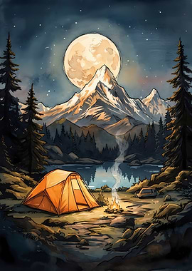 Watercolor Camping Scene with Full Moon