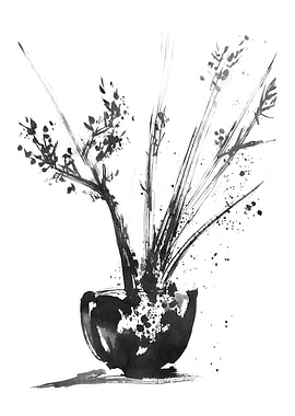Ink Wash Painting of Floral Arrangement