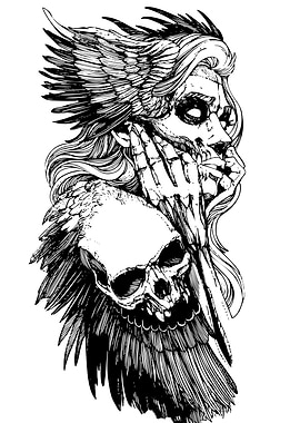 Winged Skull and Figure Illustration