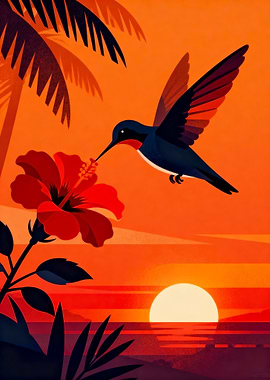 Hummingbird and Hibiscus at Sunset