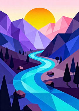 Geometric Mountain Landscape with River