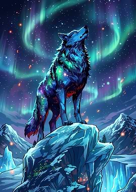 Wolf Howling Under Aurora Borealis