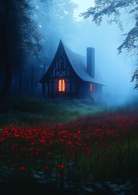 Mystical Cottage in Foggy Forest