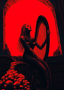Red Mermaid with Harp