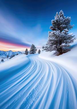 Snowy Path at Sunset