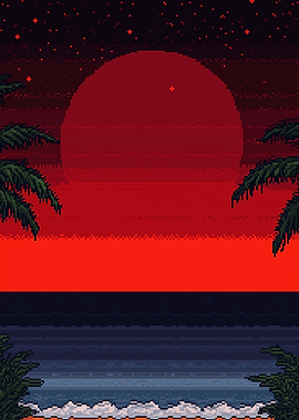 Pixel Art Sunset Beach Scene