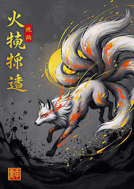 Nine-tailed Kitsune Under Moonlight