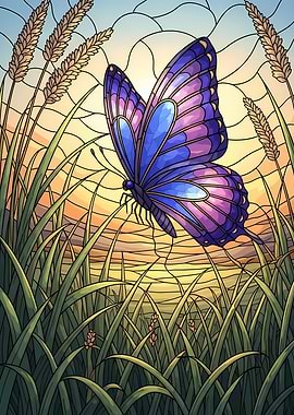 Butterfly in Meadow Stained Glass Style