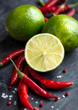 Limes and Red Chili Peppers Still Life
