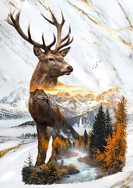 Deer and Mountain Landscape Double Exposure