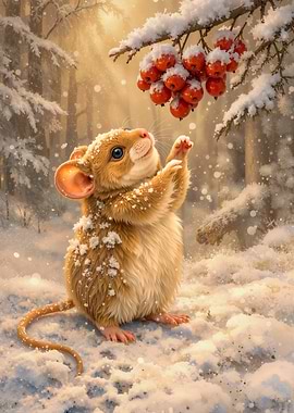 Mouse Reaching for Berries in Winter