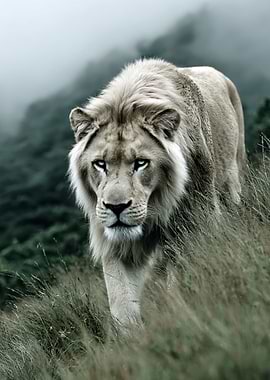 Majestic Lion Portrait in Grassy Field