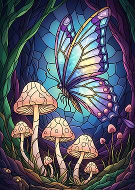 Butterfly and Mushrooms Stained Glass Style
