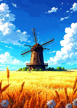 Windmill in Golden Wheat Field