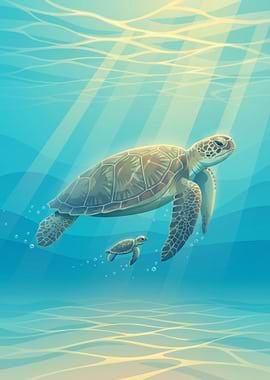 Sea Turtles in Ocean Illustration