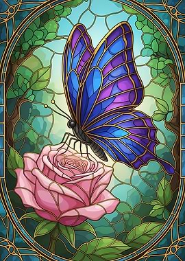 Butterfly on Rose Stained Glass Art