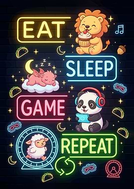 Eat Sleep Game Repeat Neon Animals