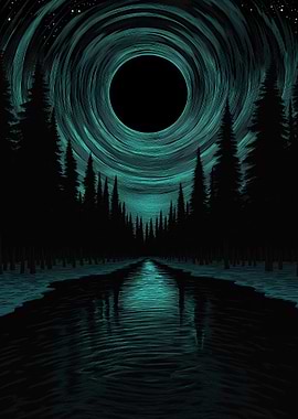 Eerie Forest Lake with Dark Sky