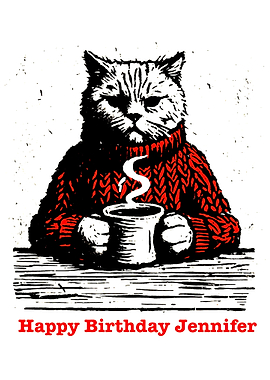 Cat with Coffee Birthday Card