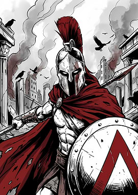 Spartan Warrior in Ruined Cityscape