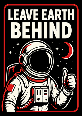 Leave Earth Behind Poster, Astronaut Space Wall Art, Retro Sci Fi Illustration Print