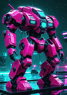 Neon Pink Combat Mech in a Rainy Cyberpunk City