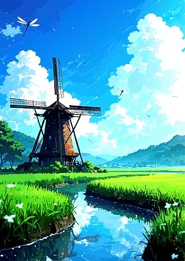 Windmill Landscape with Stream and Dragonflies