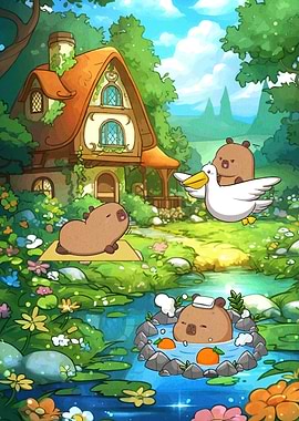 Capybaras relaxing in nature cartoon illustration
