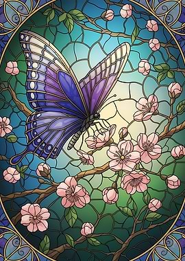 Butterfly and Cherry Blossoms Stained Glass