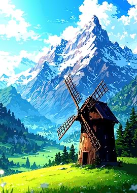 Windmill in Mountain Landscape