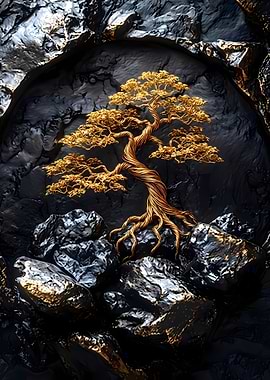 Golden Bonsai Tree on Dark Rocks