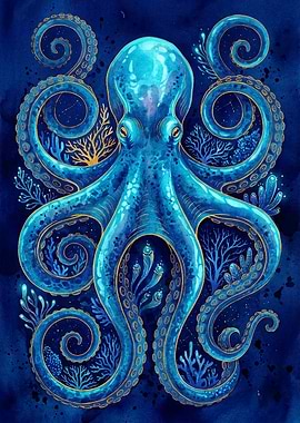 Watercolor Octopus with Coral Reef