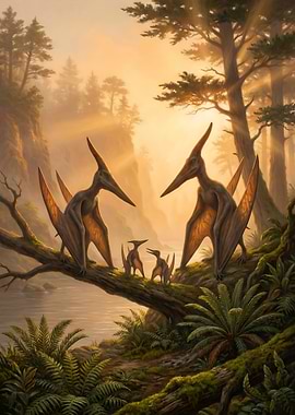 Pterodactyl Family in Prehistoric Landscape