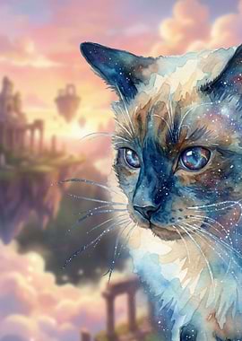 Watercolor Cat in Fantasy Landscape