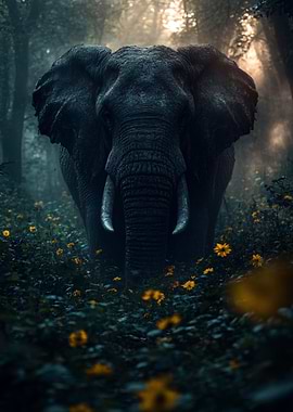 Elephant in Forest with Yellow Flowers