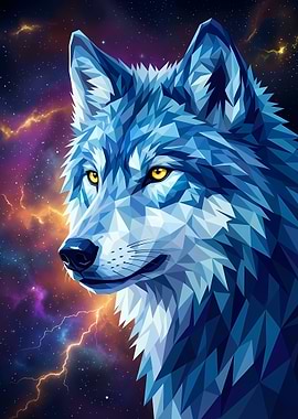 Geometric Wolf Portrait with Cosmic Background