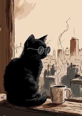 Cool Cat with Coffee in City