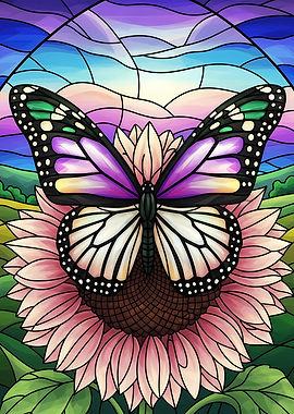 Butterfly on Sunflower Stained Glass Style