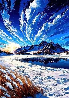 Winter Mountain Landscape with Blue Sky