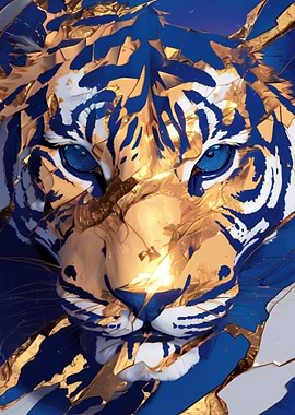 Abstract Tiger Portrait in Blue and Gold