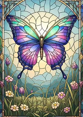 Stained Glass Butterfly in Floral Meadow