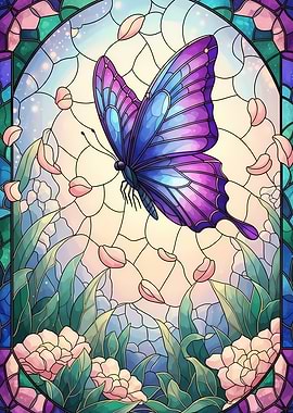 Stained Glass Butterfly and Flowers