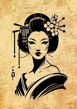 Geisha Portrait in Black and Beige