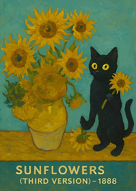 Sunflowers and Black Cat Painting