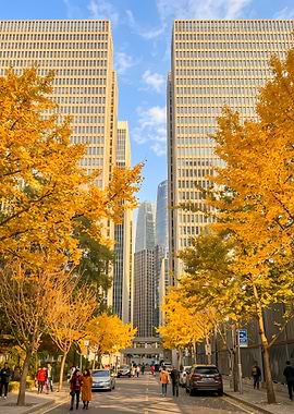 Autumn Cityscape with Golden Trees