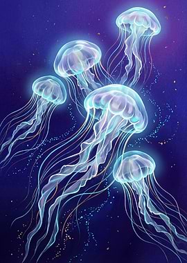 Glowing Jellyfish in Deep Blue Sea