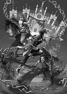 Kingdom Hearts characters grayscale artwork